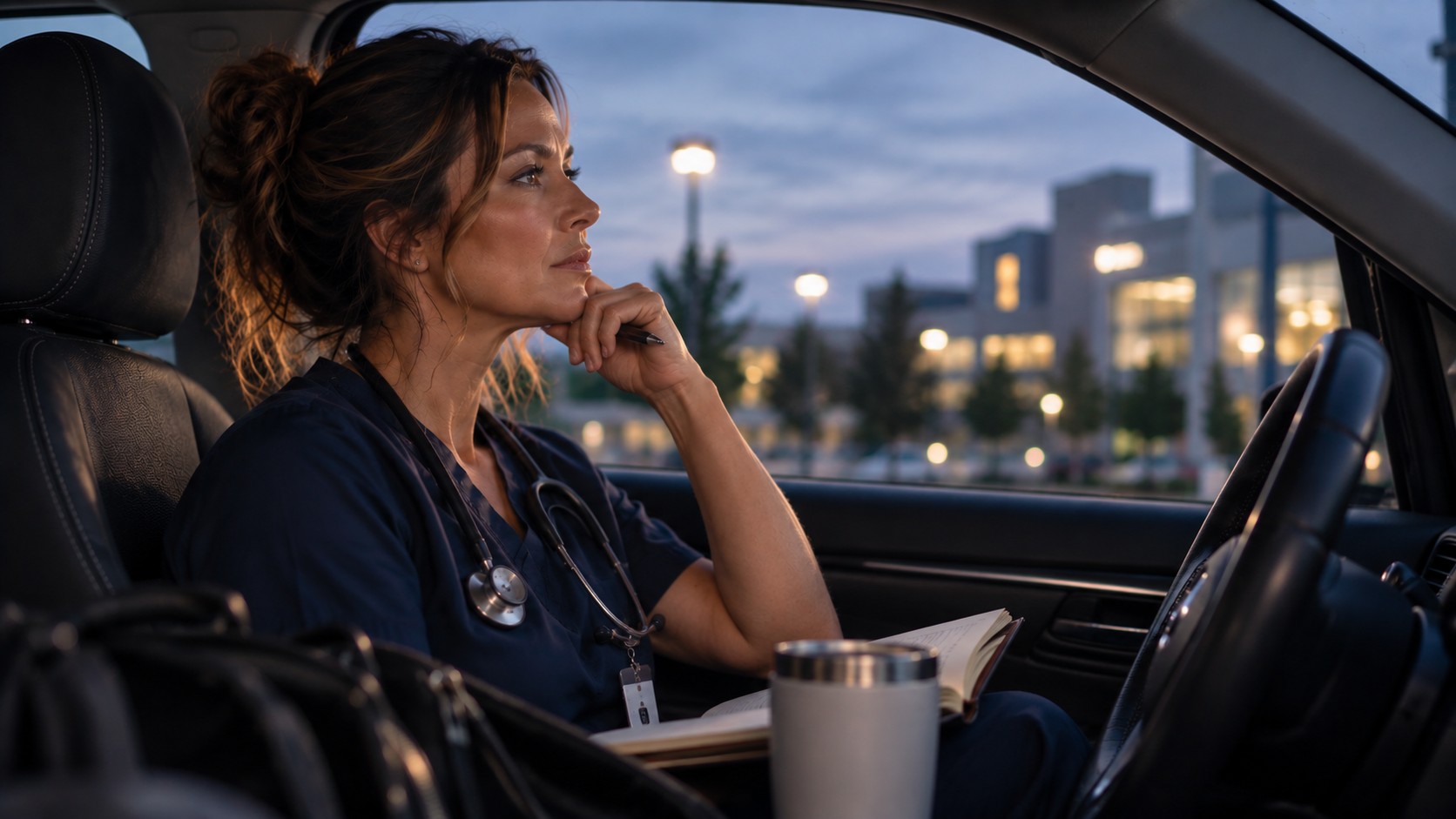 A clinician in her car at dusk outside the hospital, notebook in her lap, looking outward and reconstructing the shift.