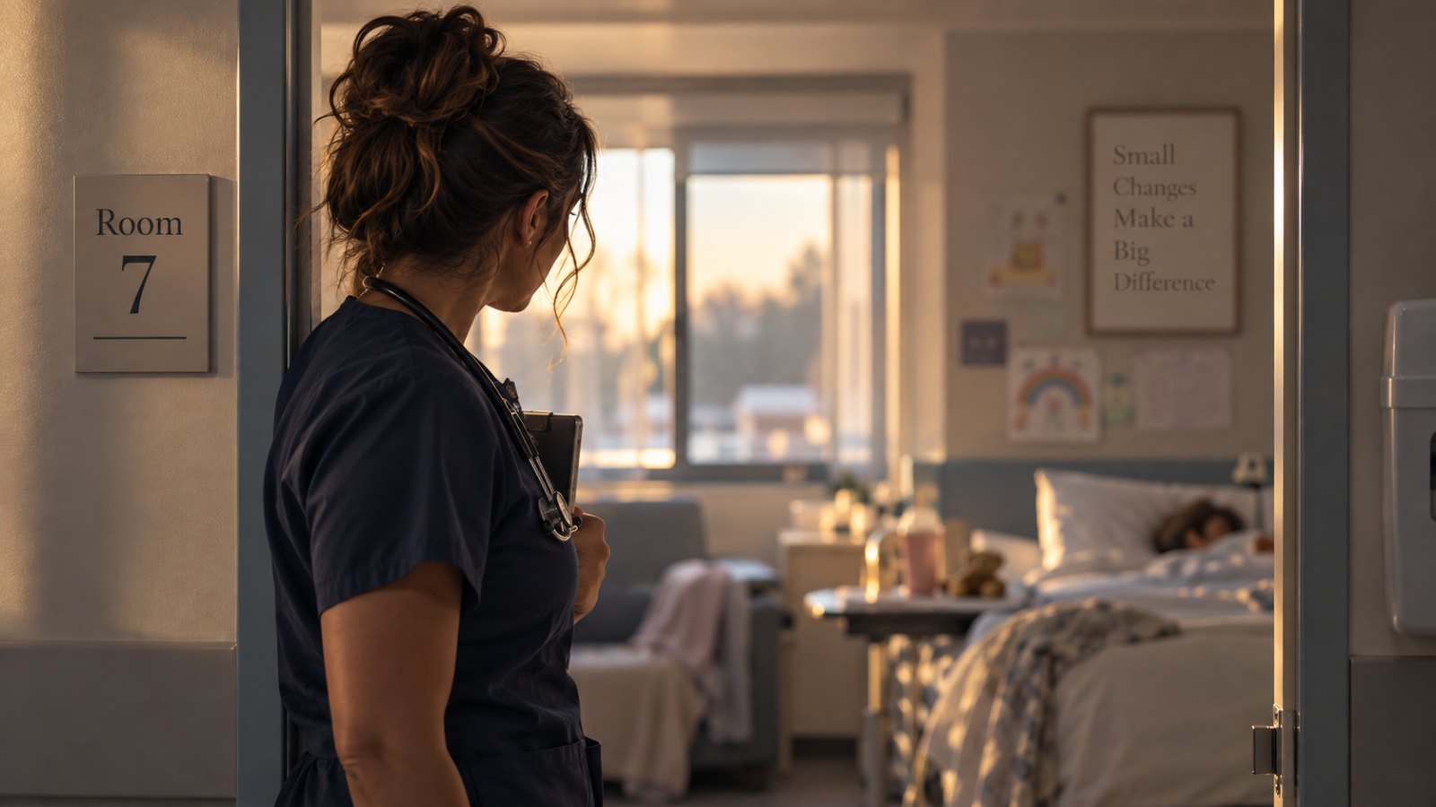 A nurse pausing at the doorway of Room 7 at sunset, patient resting in the bed beyond.