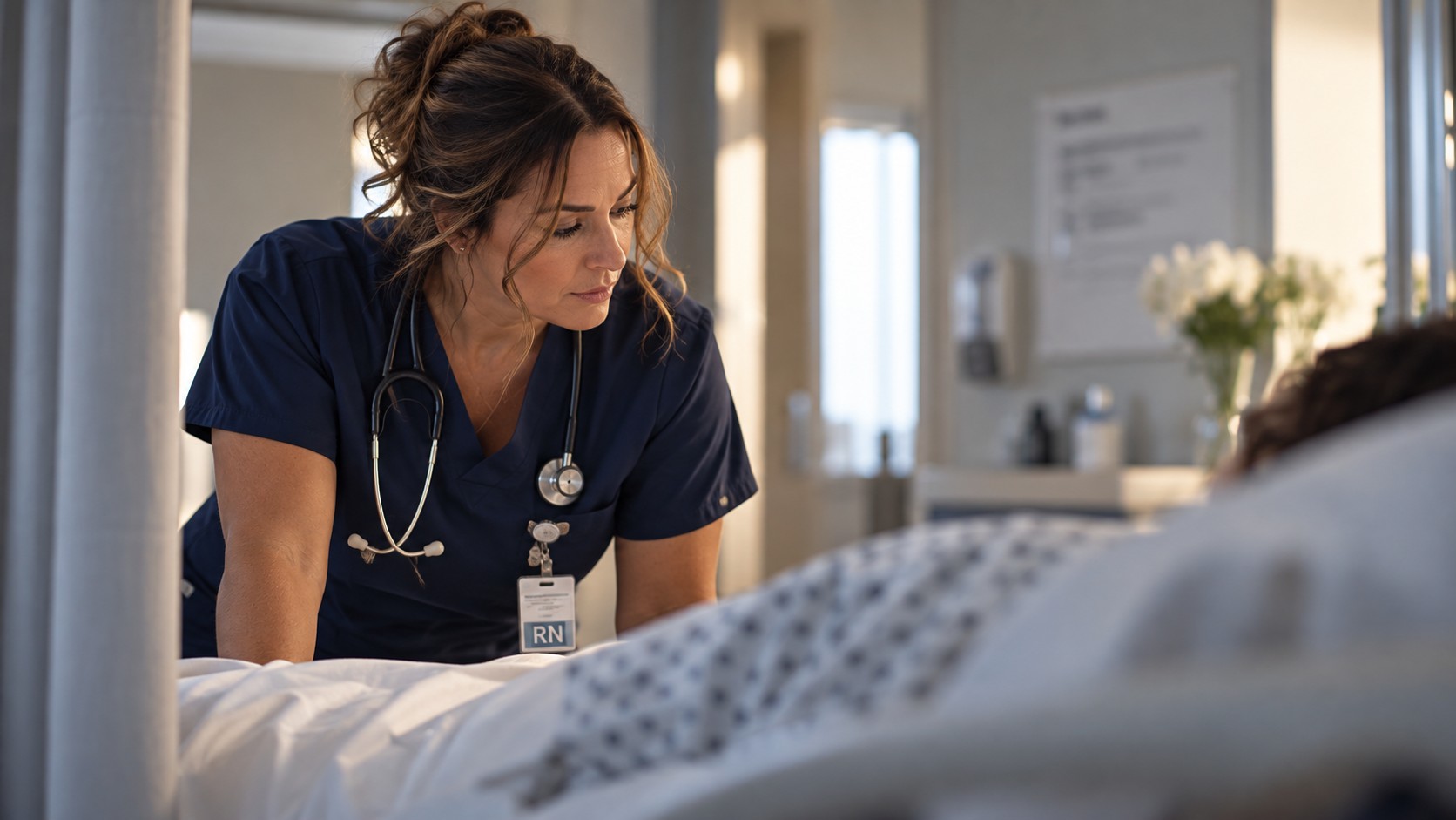 A nurse leaning toward a patient in a hospital bed, warm window light behind them.