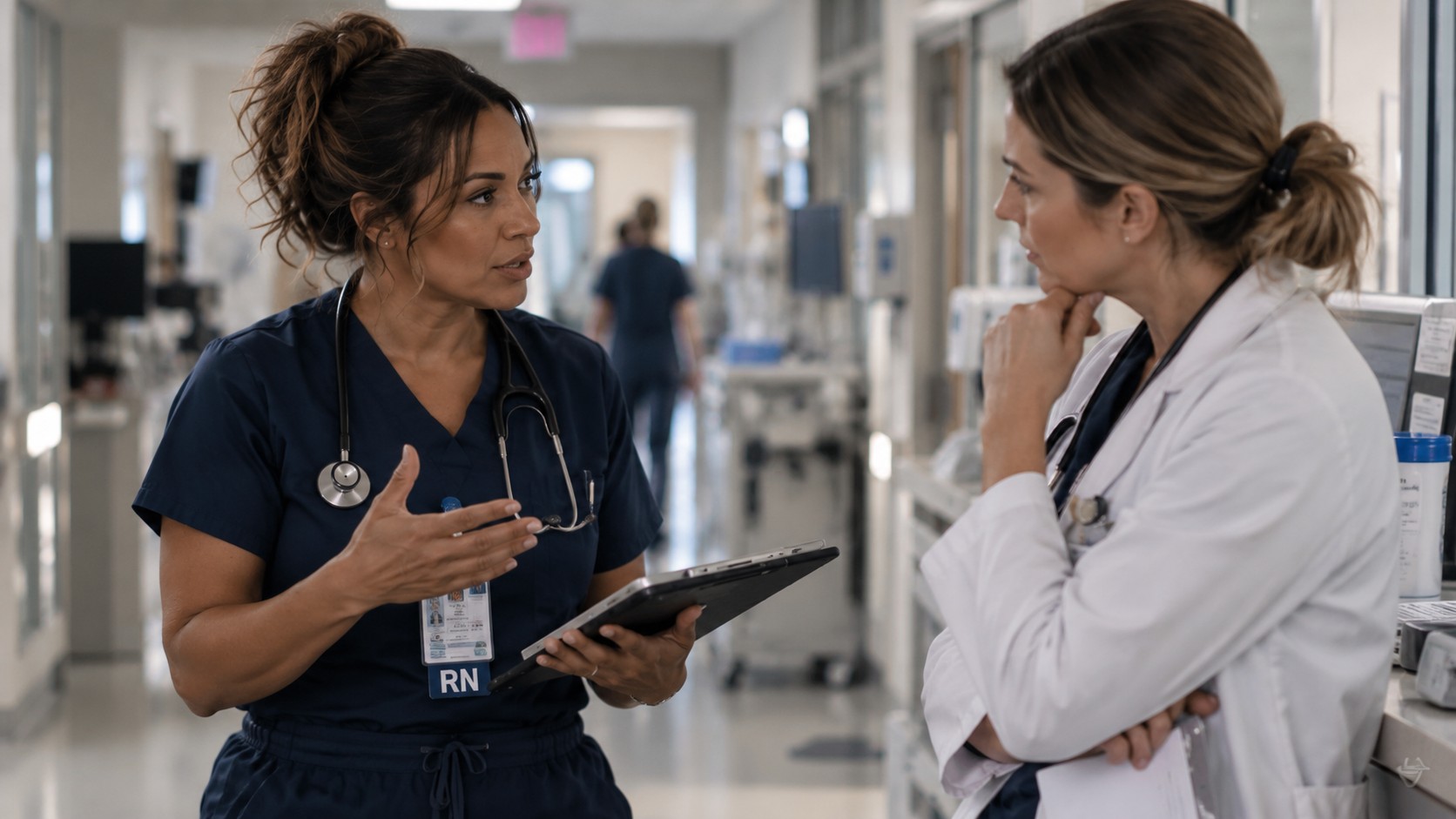 Two clinicians in conversation in a hospital corridor, one speaking with specificity, the other listening.